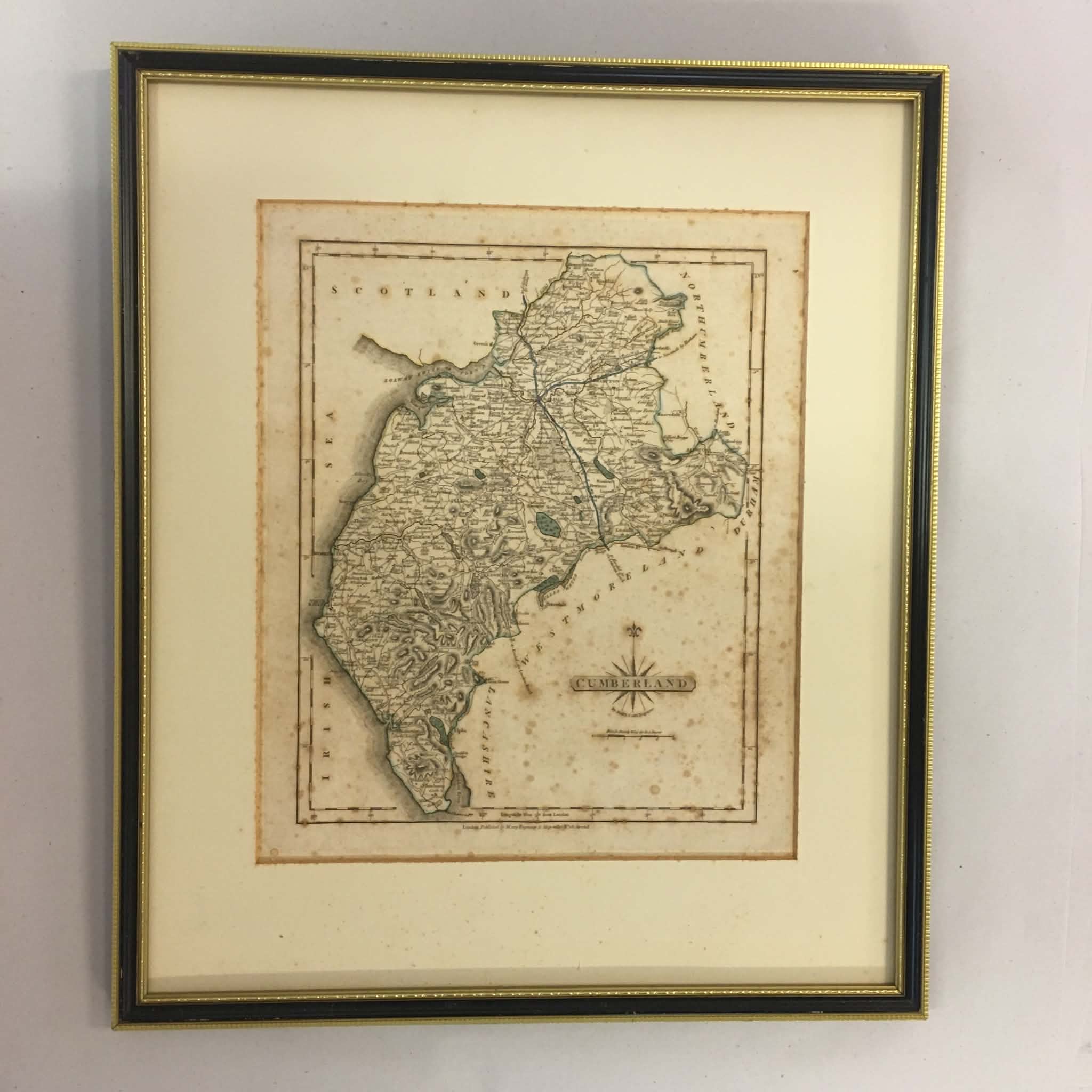 original 18th-century antique map of Cumberland, England, engraved and published by the prominent British cartographer John Cary
