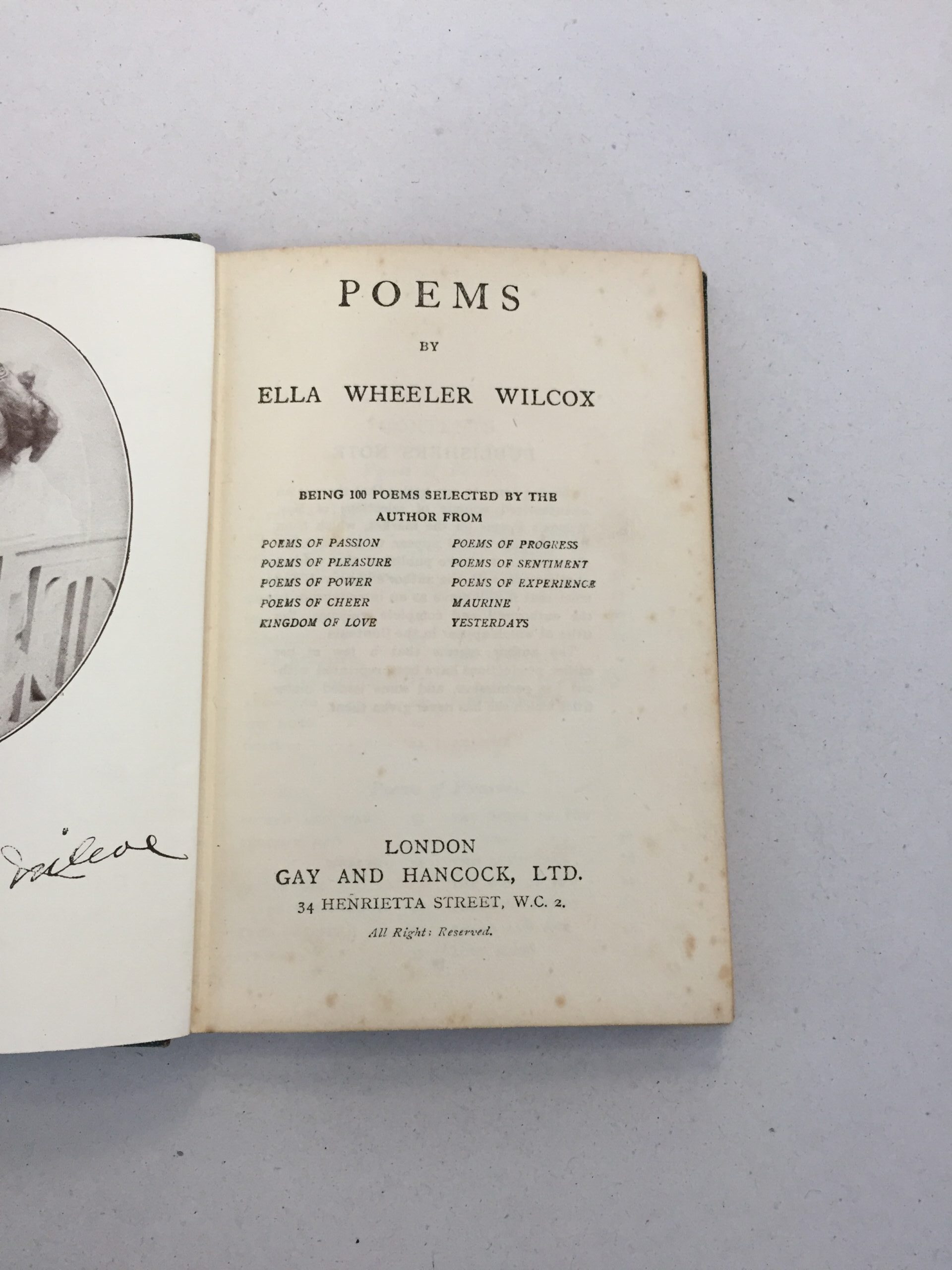 Poems by American author and poet Ella Wheeler Wilcox, published by Gay and Hancock Ltd.