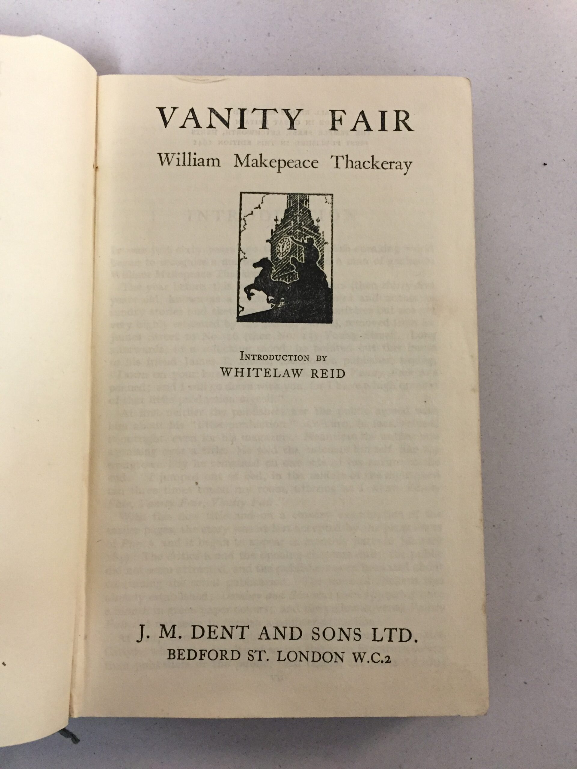Everyman's Library edition of Vanity Fair by William Makepeace Thackeray, published by J. M. Dent and Sons Ltd. in London