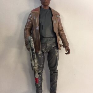 Disney Store Star Wars: The Force Awakens Finn Talking Action Figure (approximately 13.5 to 14 inches tall) wearing his brown leather jacket and Jakku outfit, complete with a blaster
