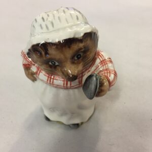 Beswick Beatrix Potter "Mrs. Tiggy-Winkle" ceramic figurine, featuring the black/brown BP-3 style backstamp used from the 1970s into the 1980s