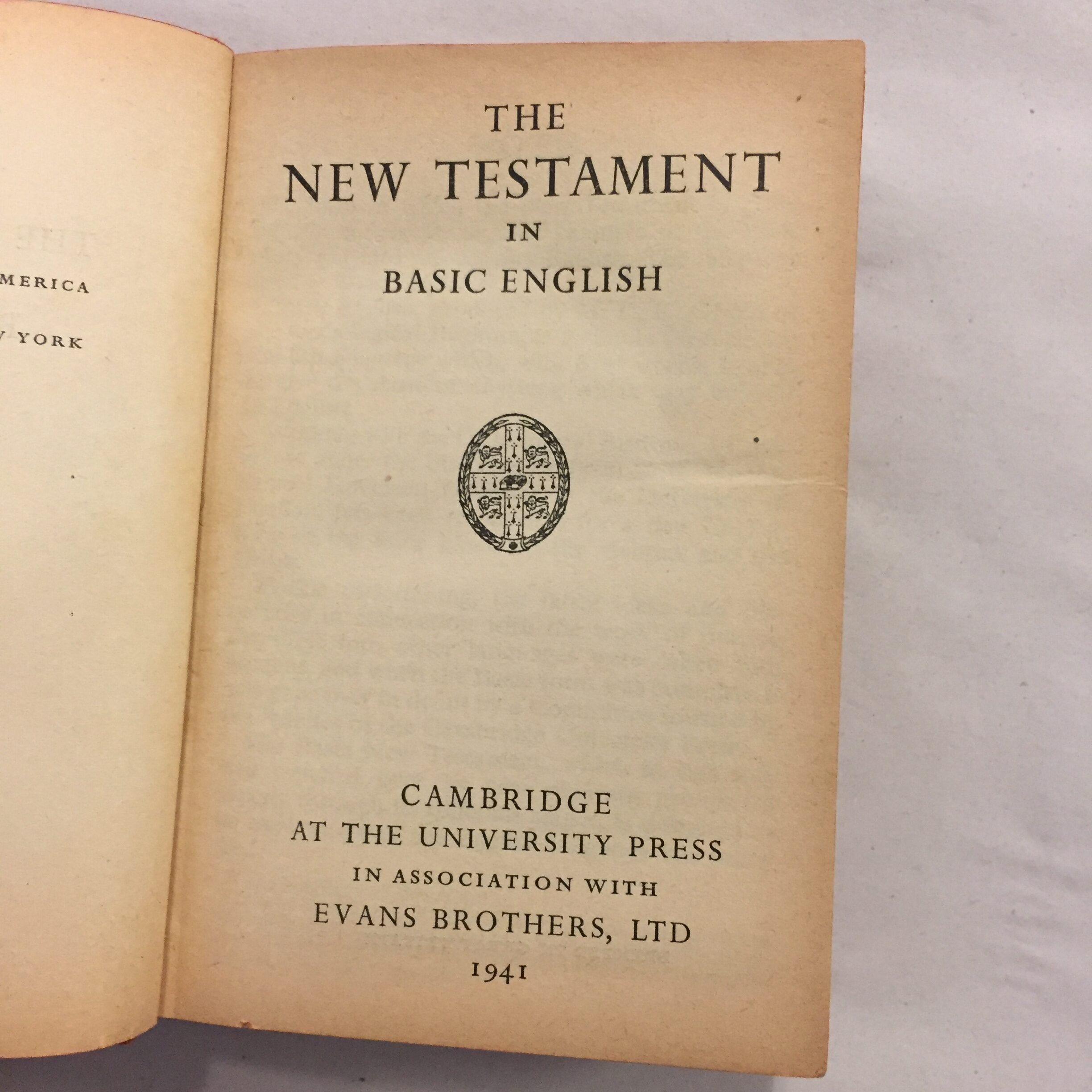 1941 edition of The New Testament in Basic English, published by Cambridge at the University Press in association with Evans Brothers, Ltd